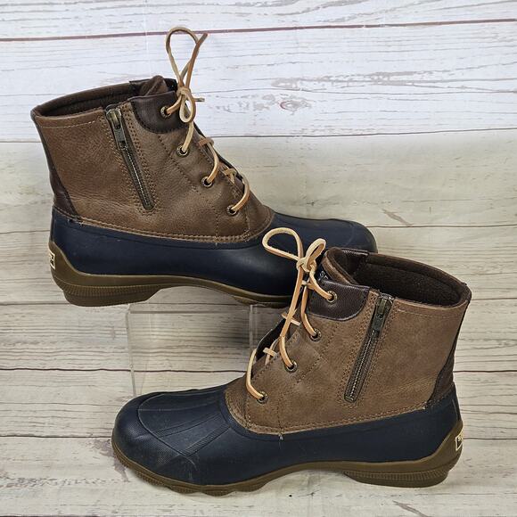 SPERRY Saltwater Womens Dark Brown Leather and Blue Rubber Duck Boots Size 9 - Picture 2 of 7